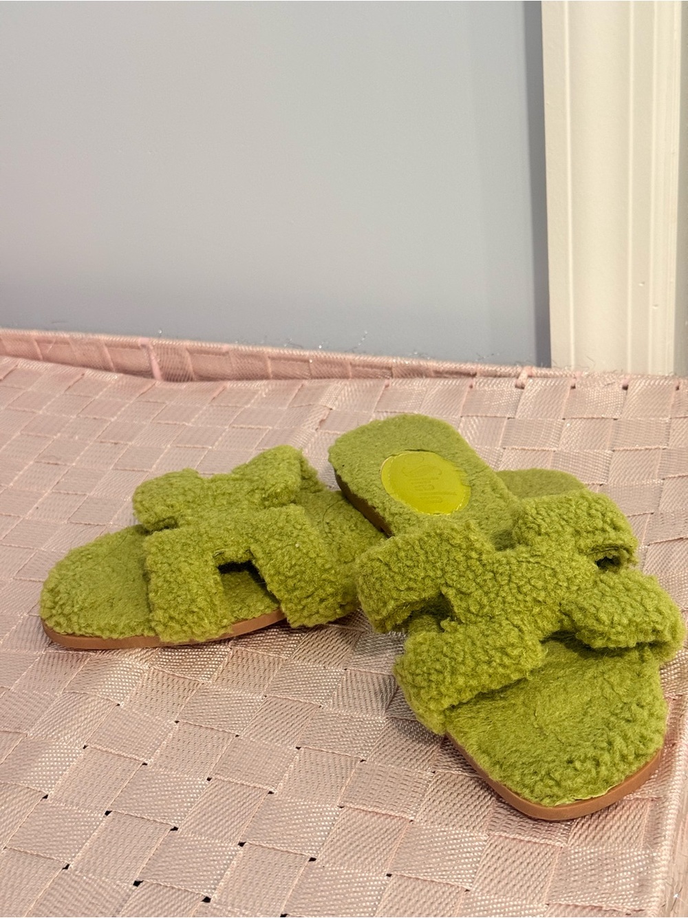 Fuzzy Green Shearling Slide Sandals